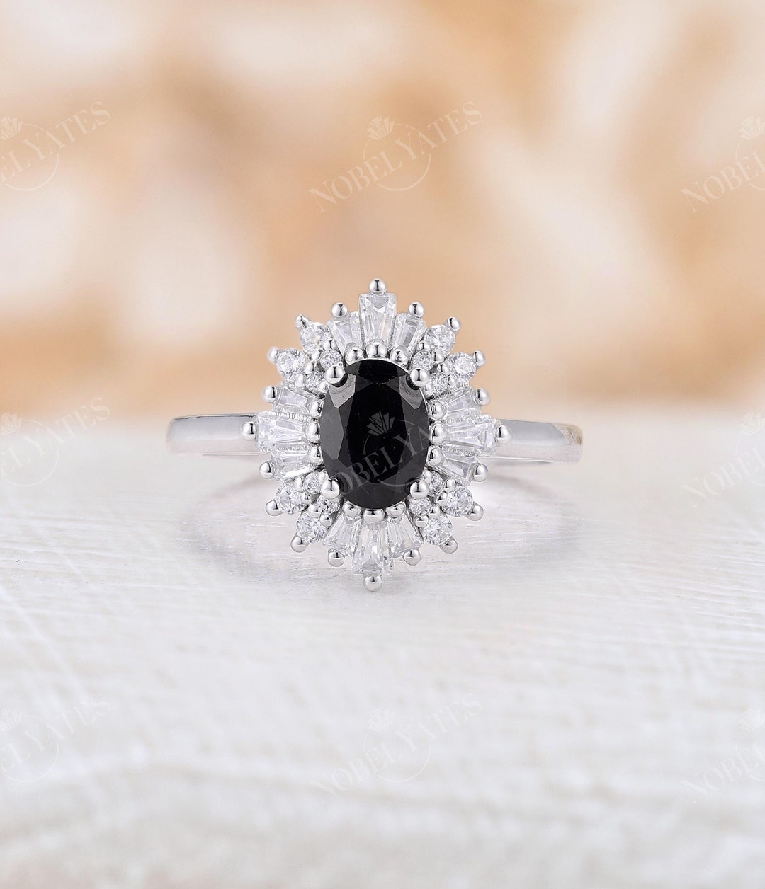 Vintage Black Diamond Engagement Ring Oval Black Onyx Ring