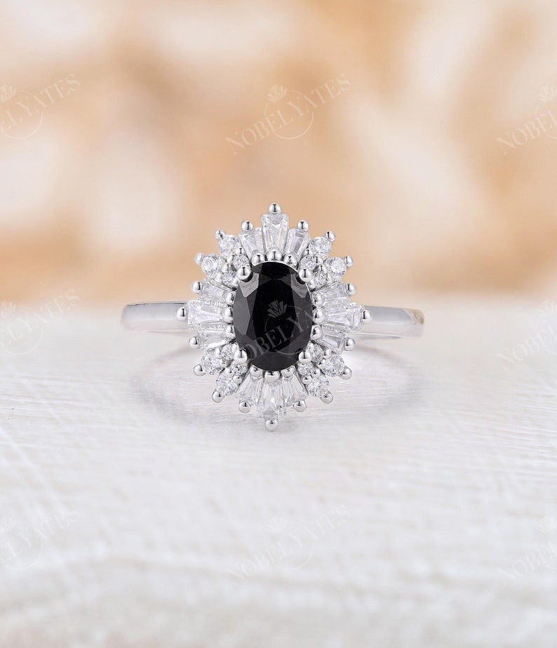 Vintage black diamond engagement ring Oval black onyx ring diamond cubic zirconia halo ring Antique black sapphire ring Unique bridal ring image 1