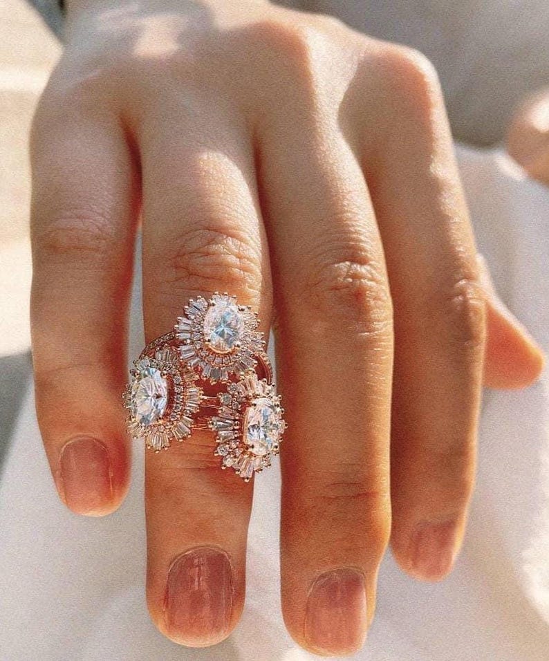 Pierścionek zaręczynowy z owalnym diamentem w stylu art déco, obrączka ślubna z podwójnym diamentem, pierścionek z półwiecznością, pierścionek ze złota 18-karatowego, pierścionek ślubny z moissanitem dla kobiet zdjęcie 2