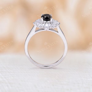 Vintage black diamond engagement ring Oval black onyx ring diamond cubic zirconia halo ring Antique black sapphire ring Unique bridal ring image 5