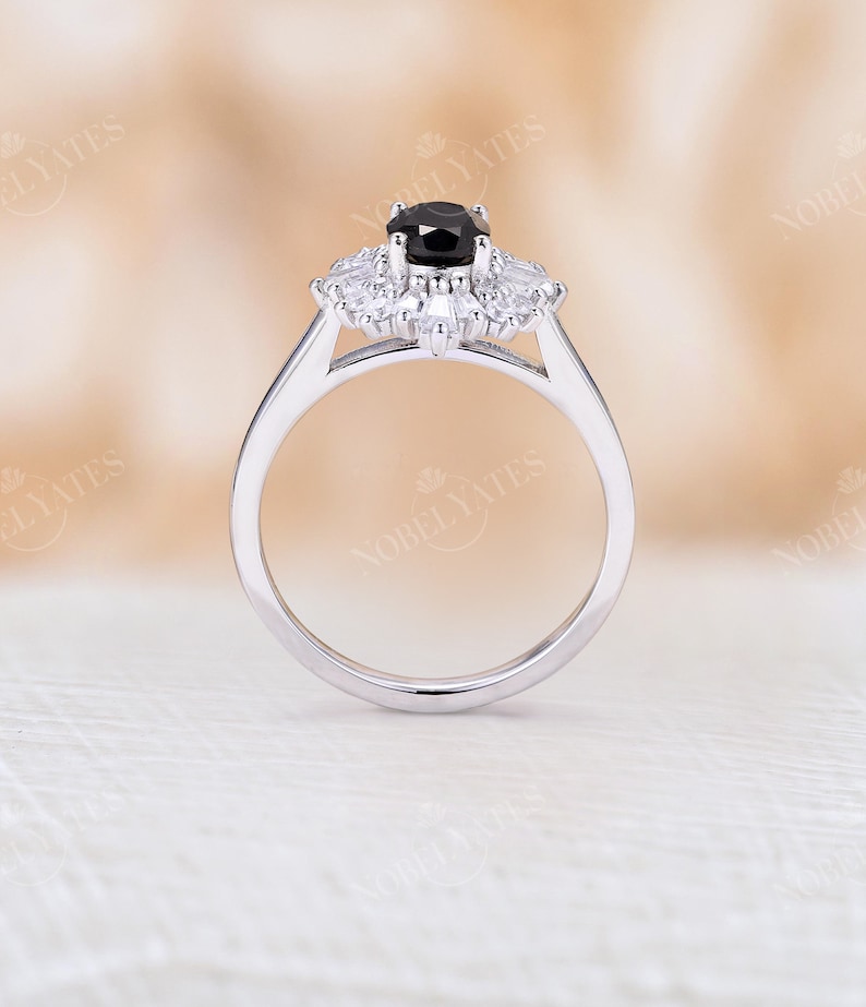 Vintage black diamond engagement ring Oval black onyx ring diamond cubic zirconia halo ring Antique black sapphire ring Unique bridal ring image 5