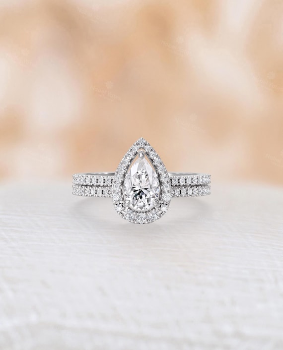 Classic Pear Cut Moissanite Engagement Ring Set, 14K White Gold Ring, Matching Open Halo Wedding Band Set,Women's Bridal Ring -NyFineJewelry