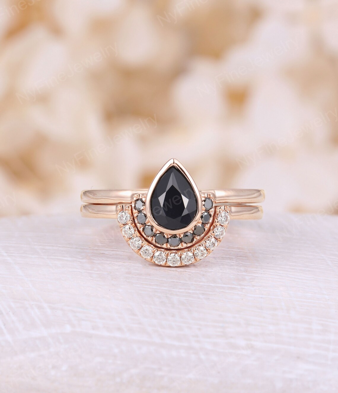 Vintage Black Onyx Engagement Ring Rose Gold Unique Pear | Etsy
