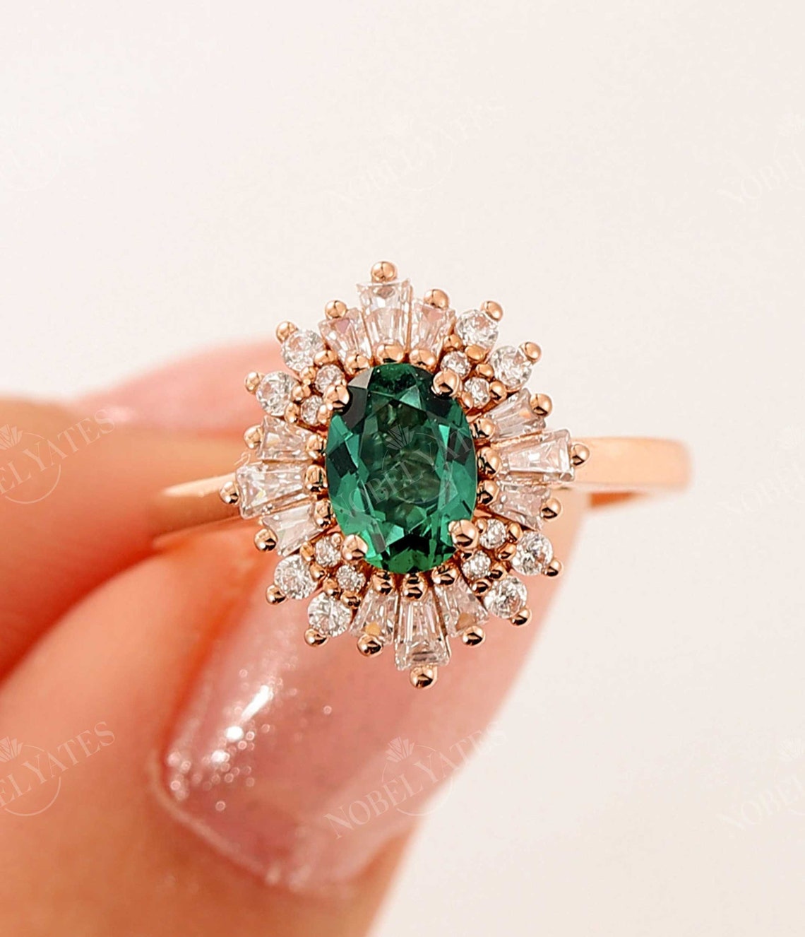 Vintage oval Emerald engagement ring Art deco diamond image 2