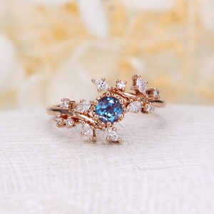 Rose gold moissanite engagement ring vintage Diamond Cluster ring prong unique leaf style wedding Bridal ring Promise Anniversary ring Lab alexandrite