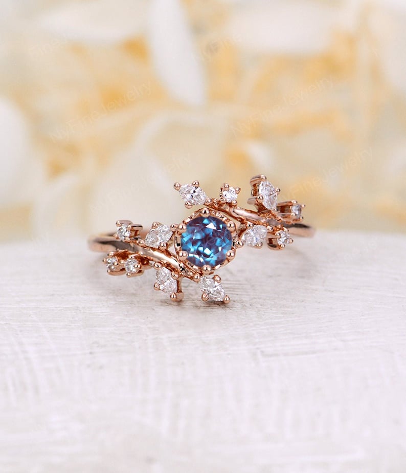 Rose gold moissanite engagement ring vintage Diamond Cluster ring prong unique leaf style wedding Bridal ring Promise Anniversary ring Lab alexandrite