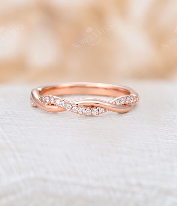 Delicate Twisted Diamond Wedding Band 14k/18k Solid Rose Gold
