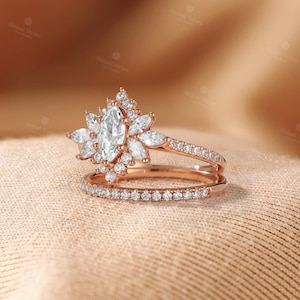 Vintage Marquise Lab-Grown Diamond Engagement Ring Set,Half Eternity Wedding Ring Set,2Pcs 18K Gold Ring,Halo Floral Design Ring Fiancé Ring image 5