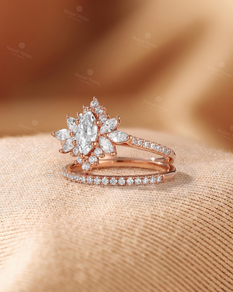Vintage Marquise Lab-Grown Diamond Engagement Ring Set,Half Eternity Wedding Ring Set,2Pcs 18K Gold Ring,Halo Floral Design Ring Fiancé Ring image 5