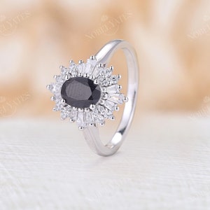 Vintage black diamond engagement ring Oval black onyx ring diamond cubic zirconia halo ring Antique black sapphire ring Unique bridal ring image 6