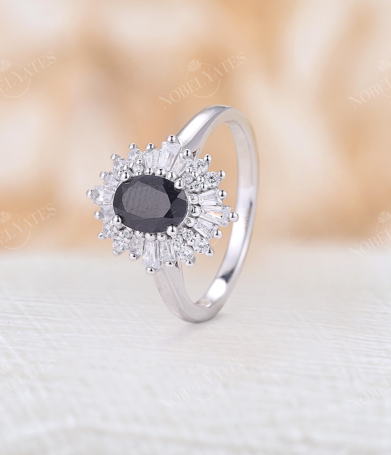 Vintage black diamond engagement ring Oval black onyx ring diamond cubic zirconia halo ring Antique black sapphire ring Unique bridal ring image 6