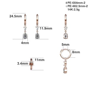 May include: Rose gold earrings with three gemstone drops. The earrings are 24.5mm long, with a 4mm wide pear-shaped gemstone. The earrings are 11.9mm long. The earring hoops are 8mm in diameter. The text on the image says: PE:6X4mm-2, PE:4X2.5mm-2, 14K:2.5g.