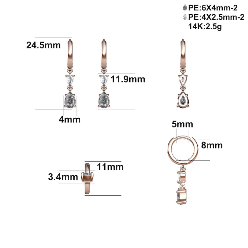 May include: Rose gold earrings with three gemstone drops. The earrings are 24.5mm long, with a 4mm wide pear-shaped gemstone. The earrings are 11.9mm long. The earring hoops are 8mm in diameter. The text on the image says: PE:6X4mm-2, PE:4X2.5mm-2, 14K:2.5g.