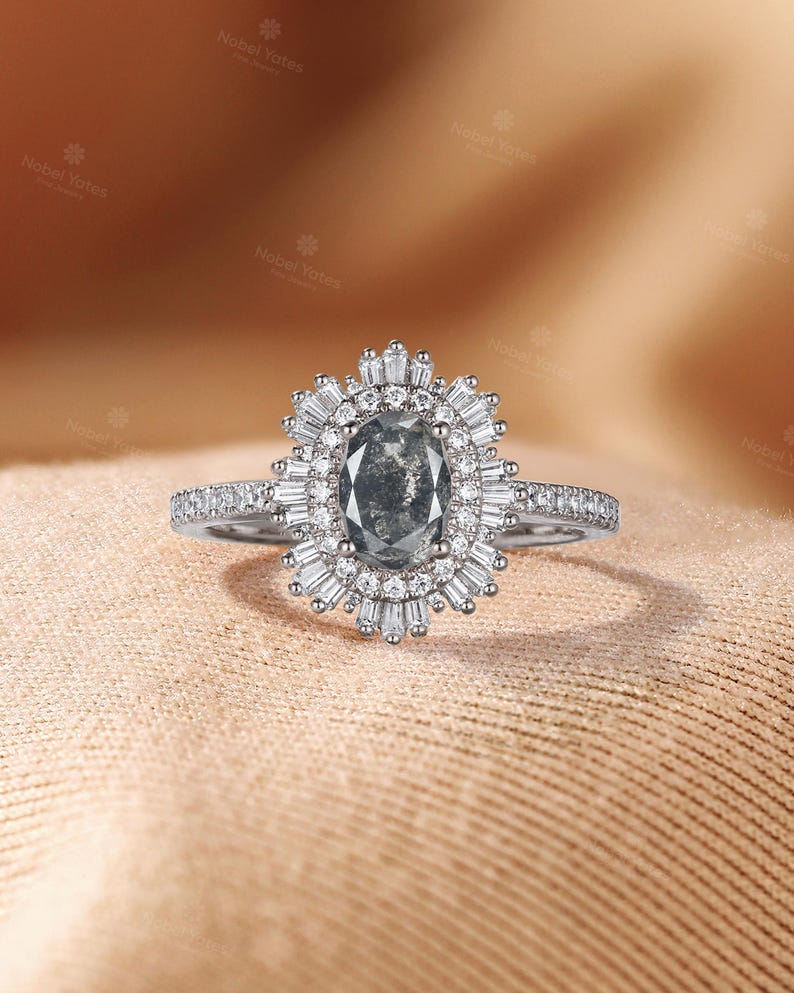 Pierścionek zaręczynowy z owalnym diamentem w stylu art déco, obrączka ślubna z podwójnym diamentem, pierścionek z półwiecznością, pierścionek ze złota 18-karatowego, pierścionek ślubny z moissanitem dla kobiet Salt&Pepper Diamond