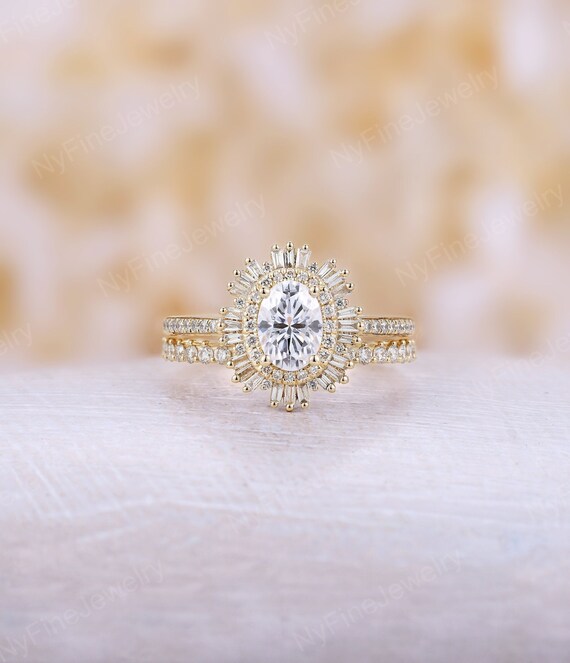 Vintage moissanite Engagement Ring Set Art deco oval shaped 14K/18K Yellow  gold diamond baguette halo ring half eternity Anniversary Promise