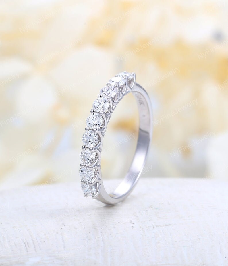 Vintage Moissanite Wedding Band White Gold Prong Ring Unique