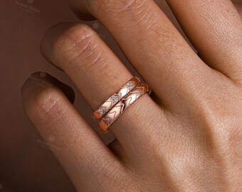 Matching 14K Rose Gold Couple's Wedding Ring With Zigzag Modern