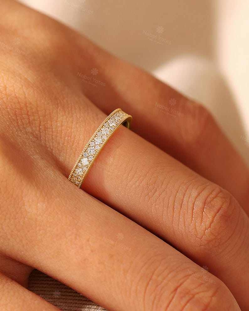 Lab Grown Diamond Pave Wedding Band, Solid Gold Milgrain Half Eternity ...