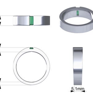 May include: A silver ring with a rectangular green gemstone. The ring is 6.2mm wide and 1.75mm thick. The gemstone is 2.8mm long. The ring is shown from multiple angles, including a top-down view and a side view.