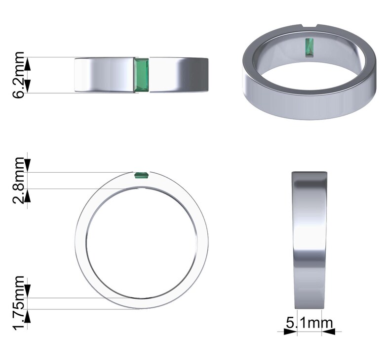 May include: A silver ring with a rectangular green gemstone. The ring is 6.2mm wide and 1.75mm thick. The gemstone is 2.8mm long. The ring is shown from multiple angles, including a top-down view and a side view.