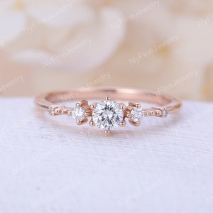 Vintage Moissanite engagement ring dainty rose gold engagement ring unique cluster diamond ring round cut bridal Promise Anniversary ring image 1