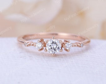 Vintage Moissanite engagement ring dainty rose gold engagement ring unique cluster diamond ring round cut bridal Promise Anniversary ring