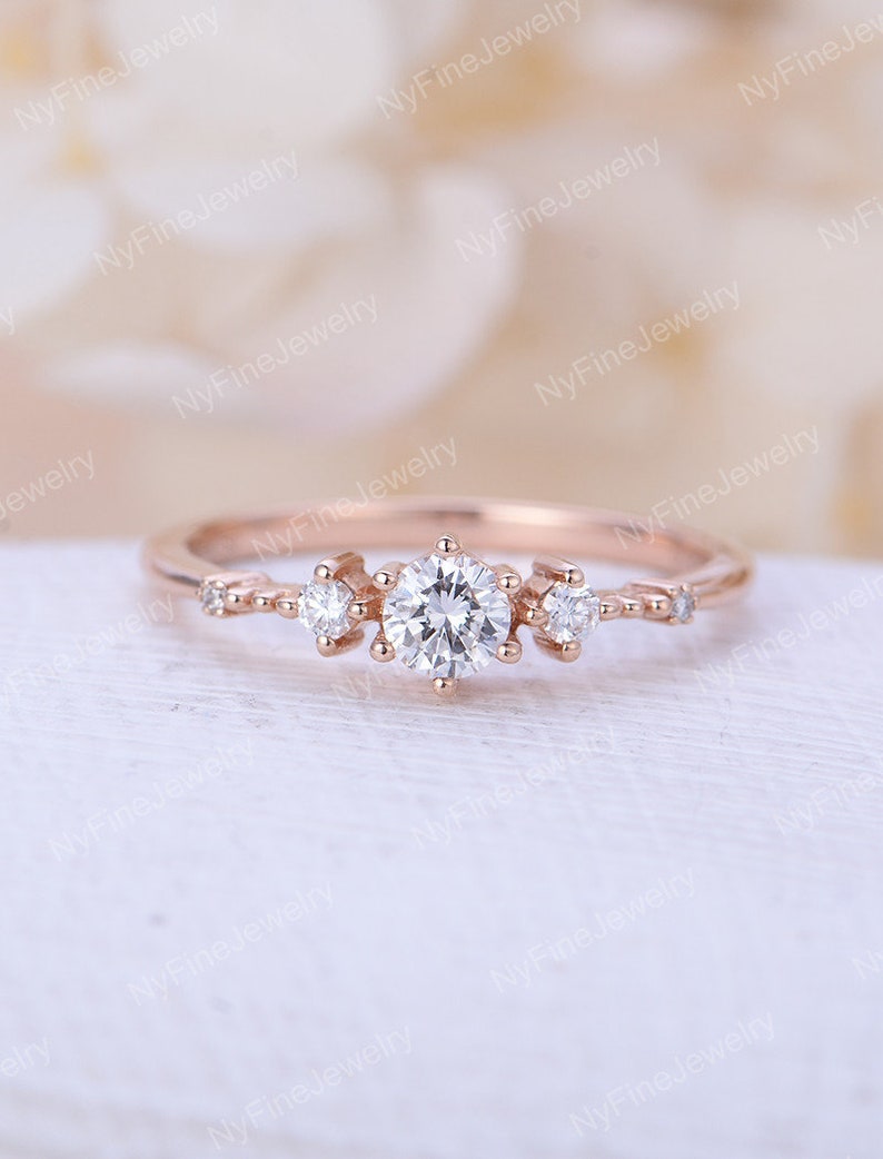 Vintage Moissanite engagement ring dainty rose gold engagement ring unique cluster diamond ring round cut bridal Promise Anniversary ring image 1