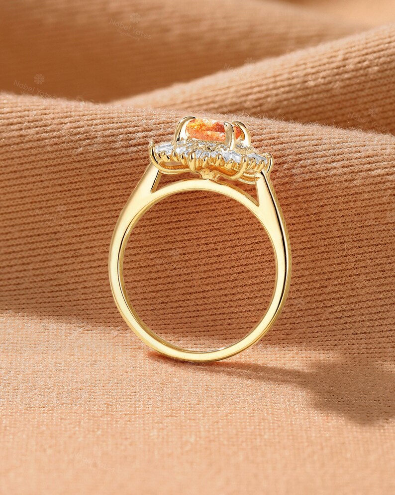 African Sunstone Engagement Ring, Double Halo CZ Ring, 18K Rose Gold Ring, Art Deco Tibetan Sunstone Ring, Custom Gemstone Rings for Women image 4
