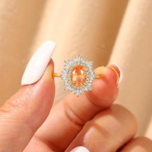 African Sunstone Engagement Ring, Double Halo CZ Ring, 18K Rose Gold Ring, Art Deco Tibetan Sunstone Ring, Custom Gemstone Rings for Women African Sunstone