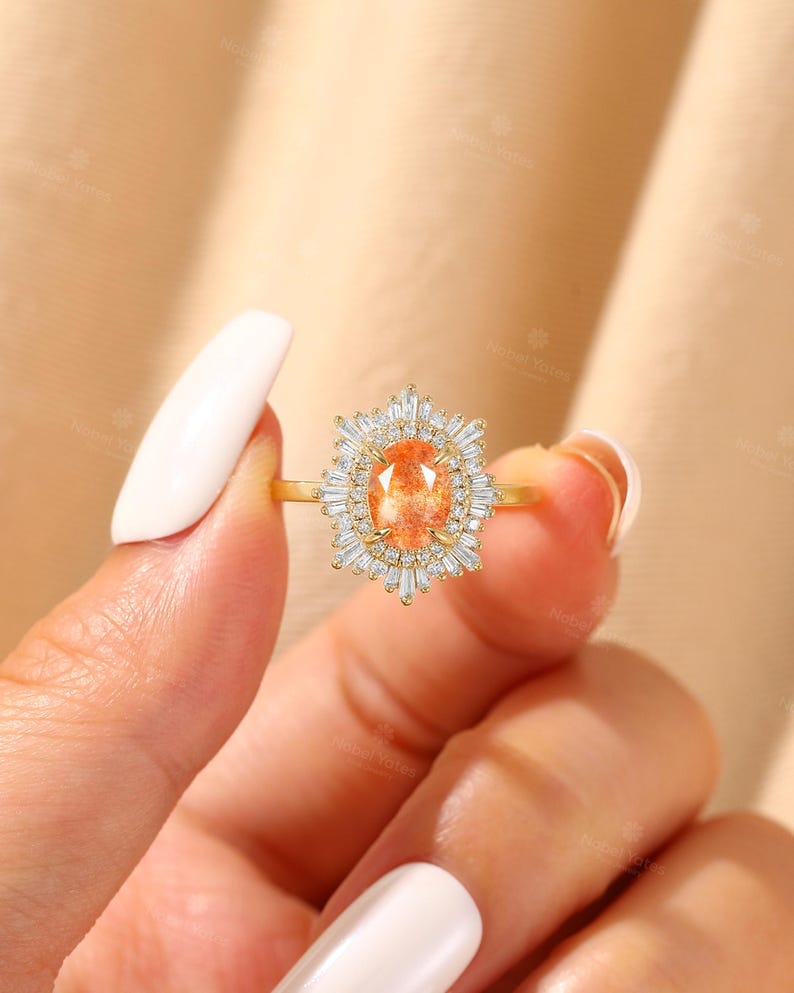 African Sunstone Engagement Ring, Double Halo CZ Ring, 18K Rose Gold Ring, Art Deco Tibetan Sunstone Ring, Custom Gemstone Rings for Women African Sunstone