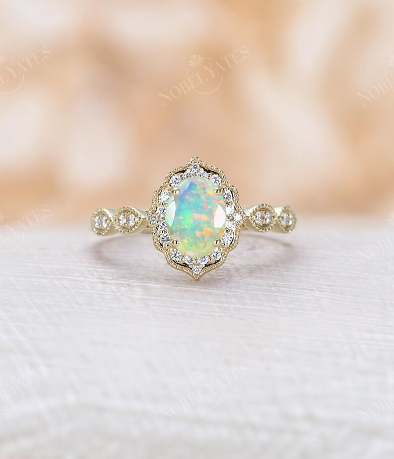 Faceted Opal Engagement Ring Yellow Gold Diamond Halo Ring - Etsy