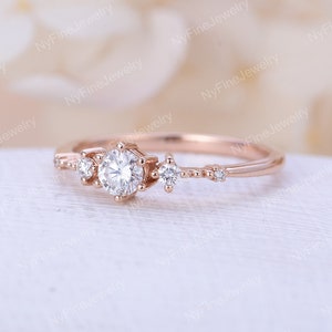 Vintage Moissanite engagement ring dainty rose gold engagement ring unique cluster diamond ring round cut bridal Promise Anniversary ring image 3