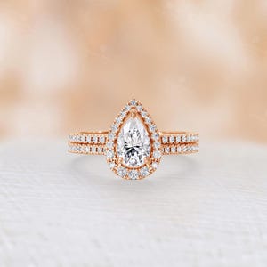 Classic Pear Cut Moissanite Engagement Ring Set, 14K Rose Gold Ring, Matching Open Wedding Band Set, Women's Bridal Ring Set -NyFineJewelry