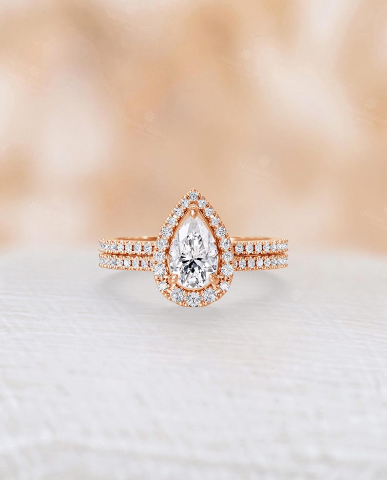 Classic Pear Cut Moissanite Engagement Ring Set, 14K Rose Gold Ring, Matching Open Wedding Band Set, Women's Bridal Ring Set -NyFineJewelry