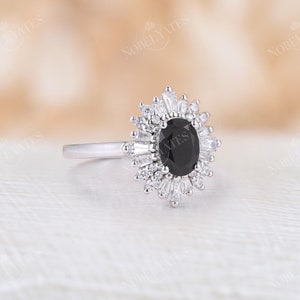 Vintage black diamond engagement ring Oval black onyx ring diamond cubic zirconia halo ring Antique black sapphire ring Unique bridal ring image 4