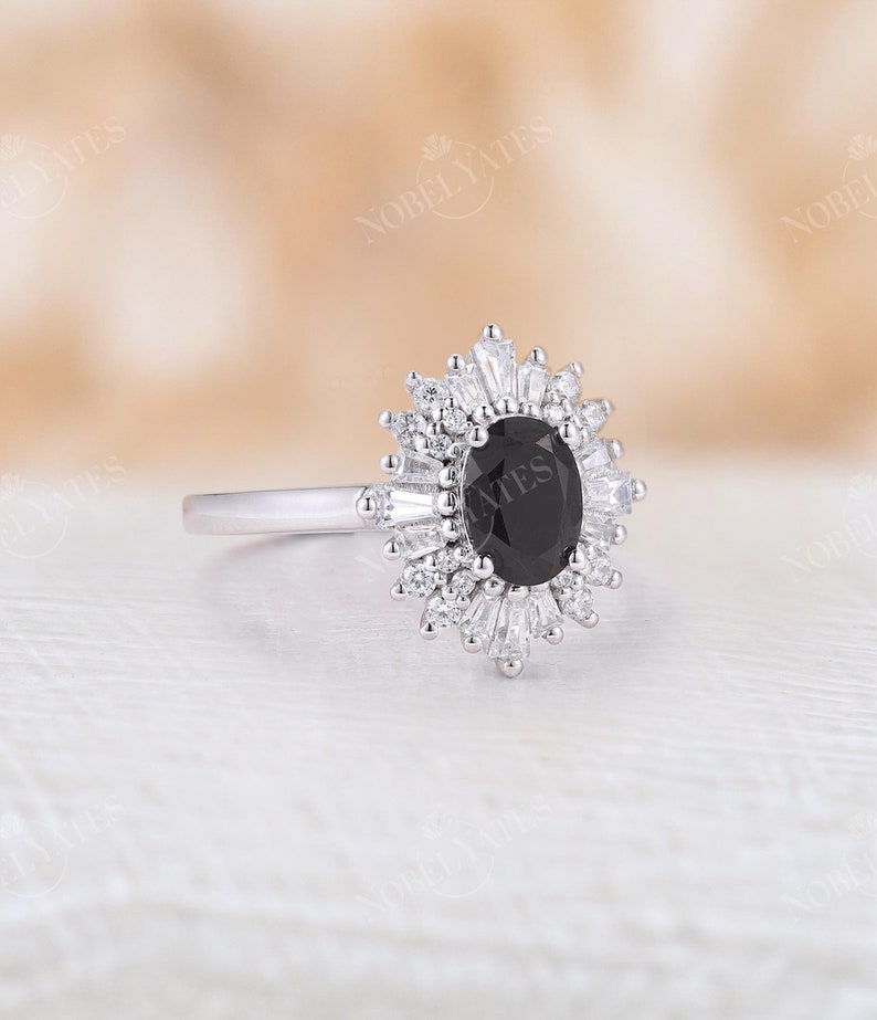 Vintage black diamond engagement ring Oval black onyx ring diamond cubic zirconia halo ring Antique black sapphire ring Unique bridal ring image 4
