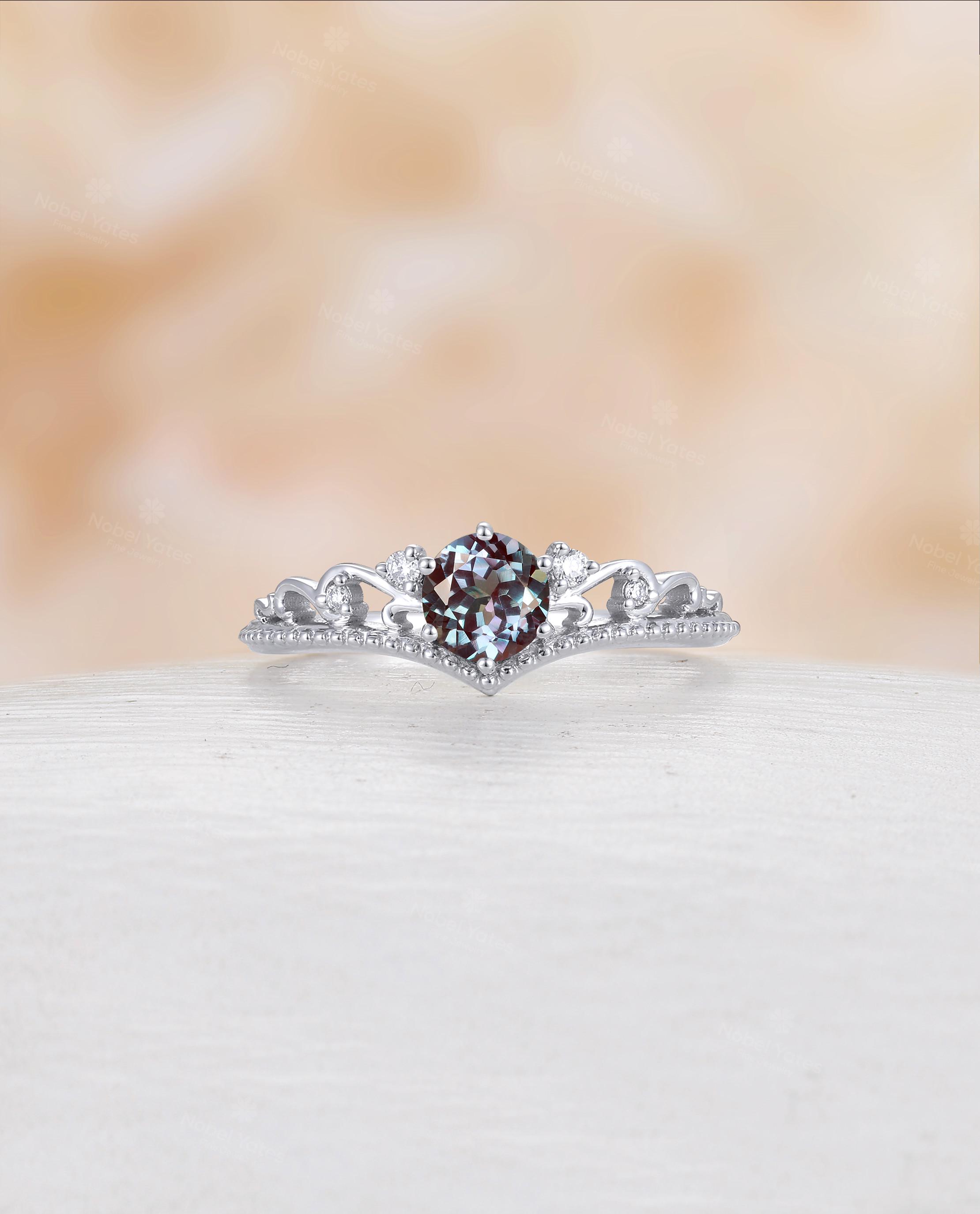 Crown Design Alexandrite Engagement Ring, Vintage Round Gemstone 