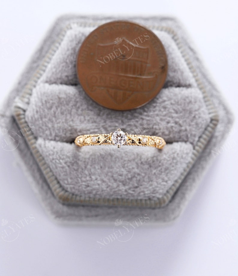 Vintage round shaped moissanite engagement ring Antique rose gold Milgrain ring Delicate Half eternity ring wedding promise Anniversary ring image 9