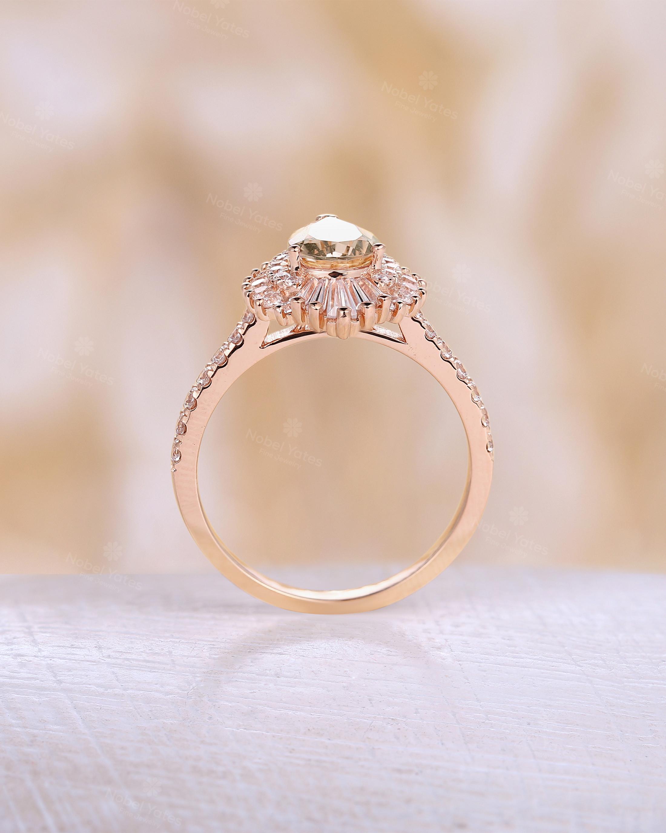 Pear Cut Morganite Engagement Ring Rose Gold Art Deco Baguette Diamond ...