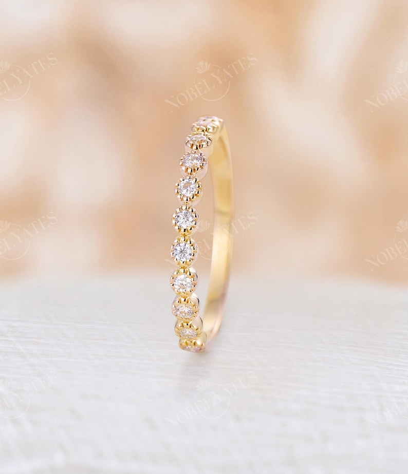 Vintage yellow gold wedding band half eternity band Moissanite ring Delicate stacking Bridal matching milgrain band promise anniversary image 1