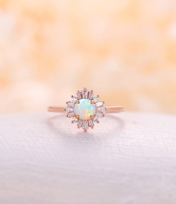 Vintage opal engagement ring 14k rose gold ring round cut | Etsy