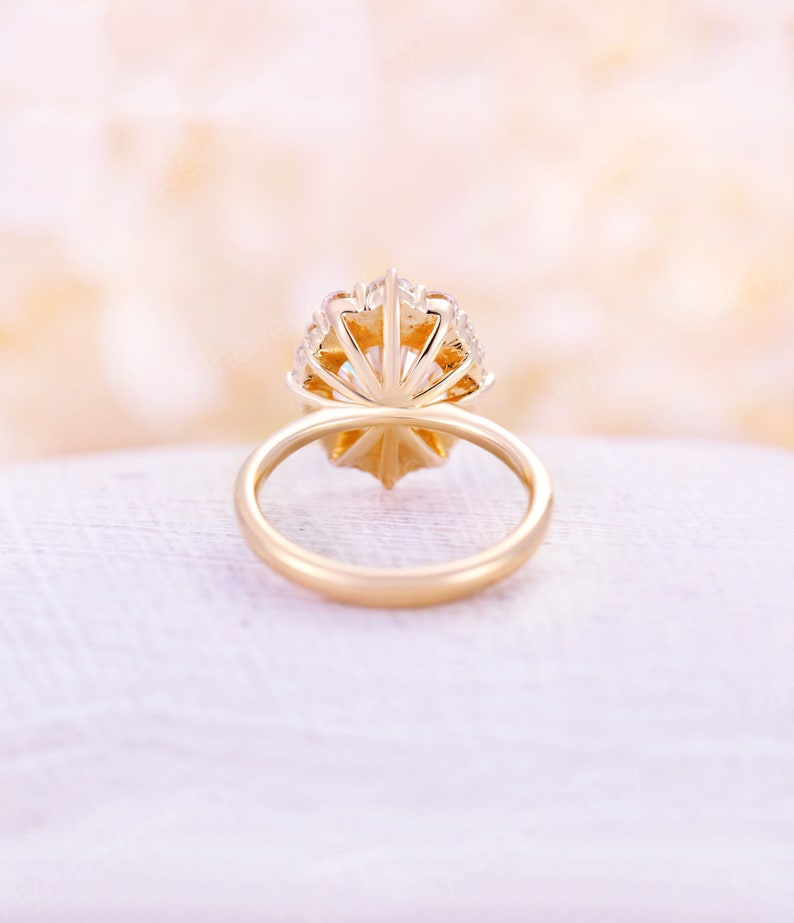 Moissanite engagement ring Vintage prong yellow gold ring diamond halo classical art deco wedding antique Unique ring Anniversary promise image 4