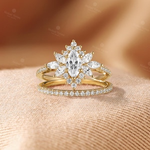 Vintage Marquise Lab-Grown Diamond Engagement Ring Set,Half Eternity Wedding Ring Set,2Pcs 18K Gold Ring,Halo Floral Design Ring Fiancé Ring image 16
