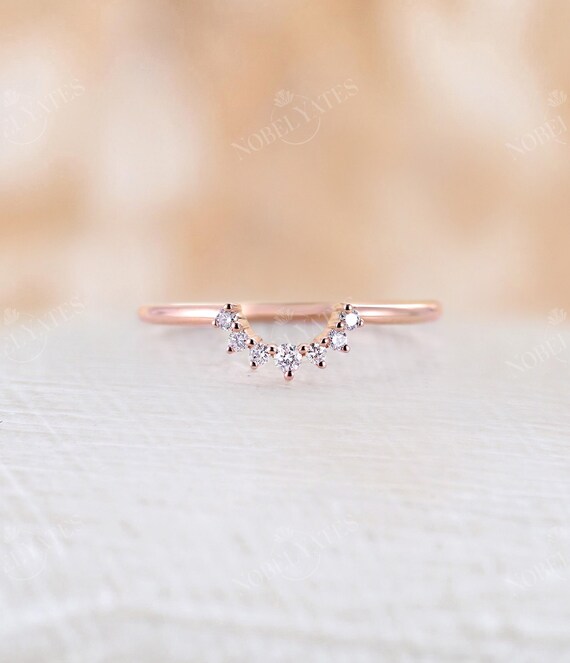 Curved Wedding Band vintage U shaped band Rose gold Diamond Ring Unique Bridal ring art deco stacking Promise matching band Anniversary