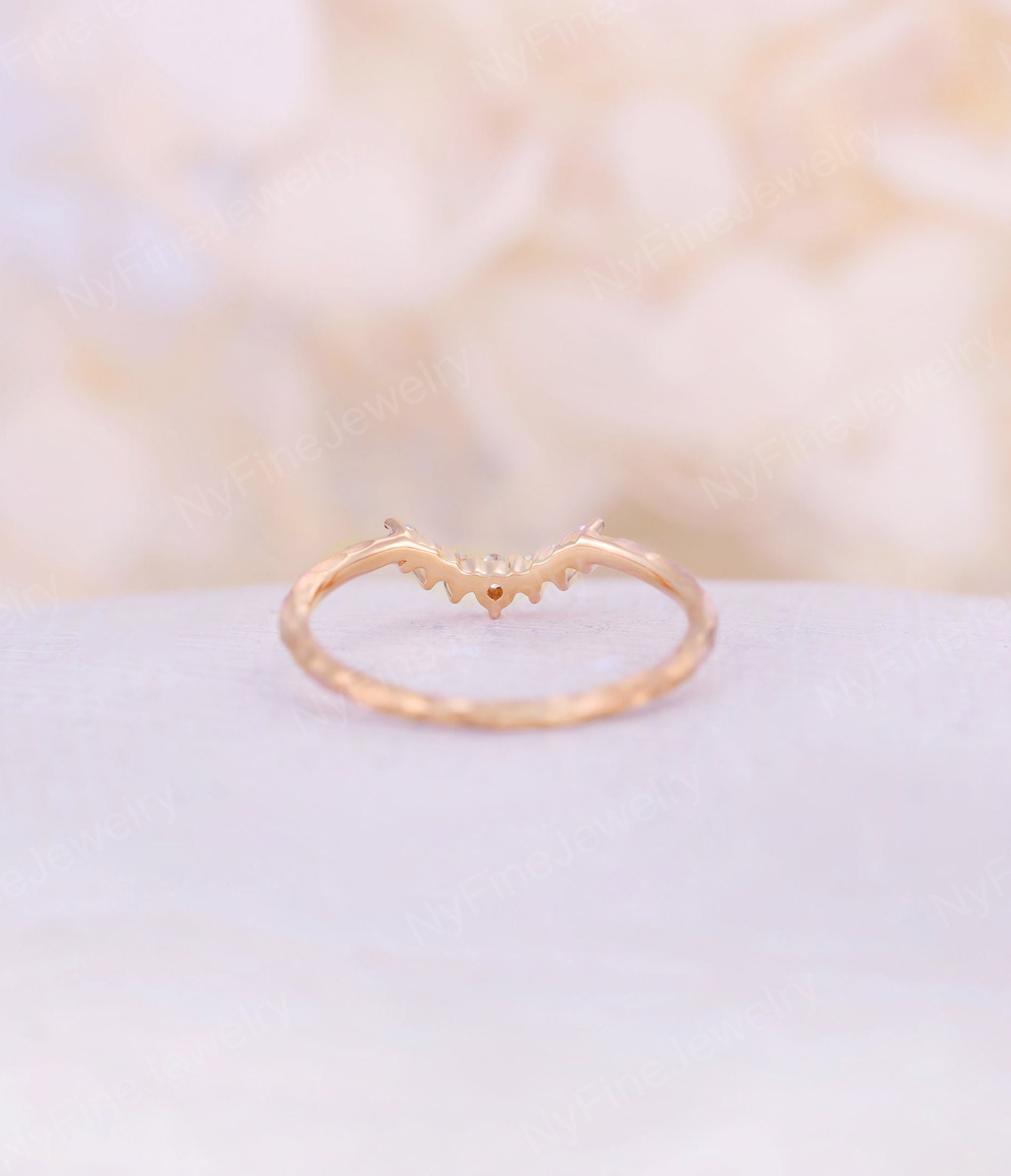 Curved Wedding Band Vintage Hammered Rose Gold Diamond Ring | Etsy