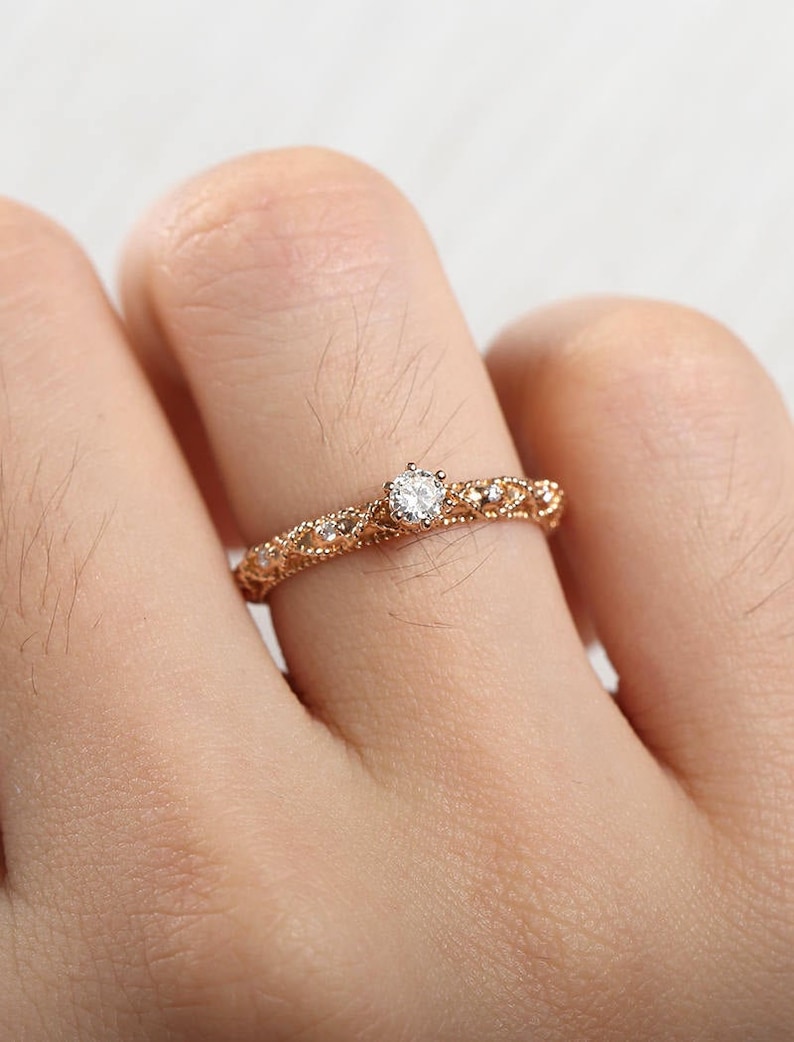 Vintage round shaped moissanite engagement ring Antique rose gold Milgrain ring Delicate Half eternity ring wedding promise Anniversary ring image 1