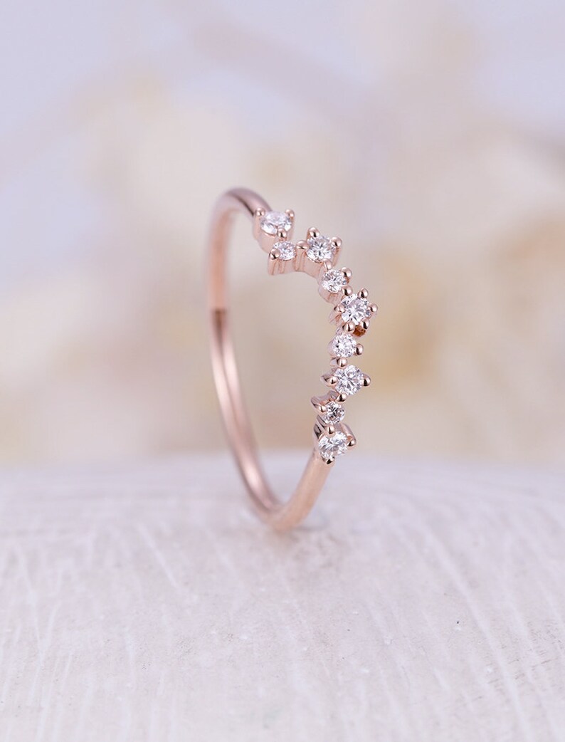 Rose gold wedding band Curved wedding band women Diamond Cluster ring Unique Promise Multi gift Bridal Anniversary custom