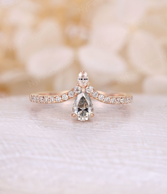 Pear Shaped Gray Moissanite Engagement Ring Vintage Rings Rose | Etsy