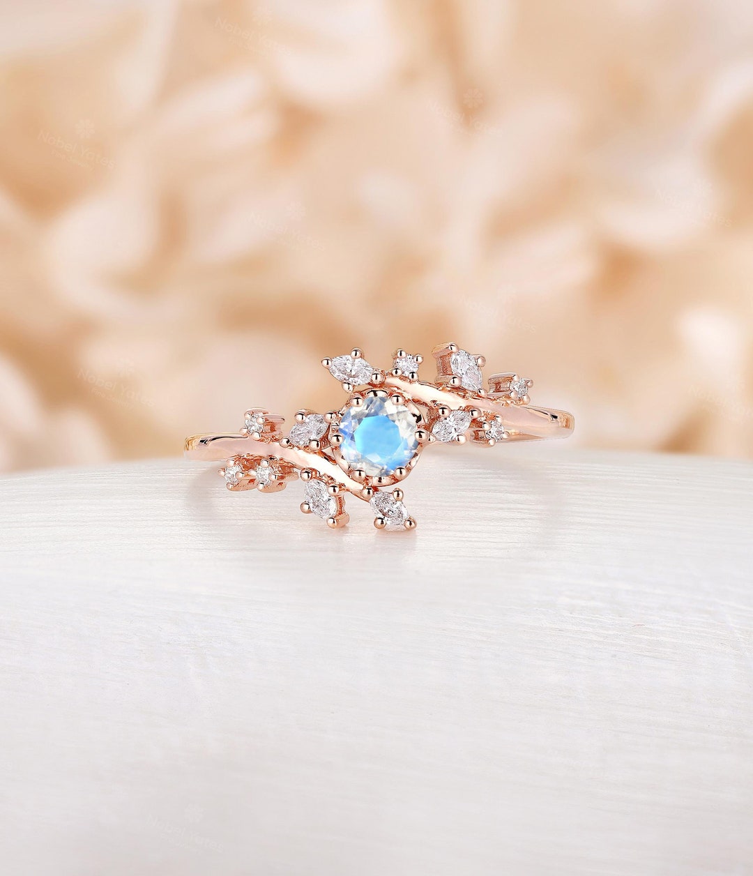 Buy Moonstone Engagement Ring Rose Gold Engagement Ring Diamond Cluster  Ring Unique Delicate Leaf Style Wedding Bridal Promise Anniversary Ring  Online - Main Image