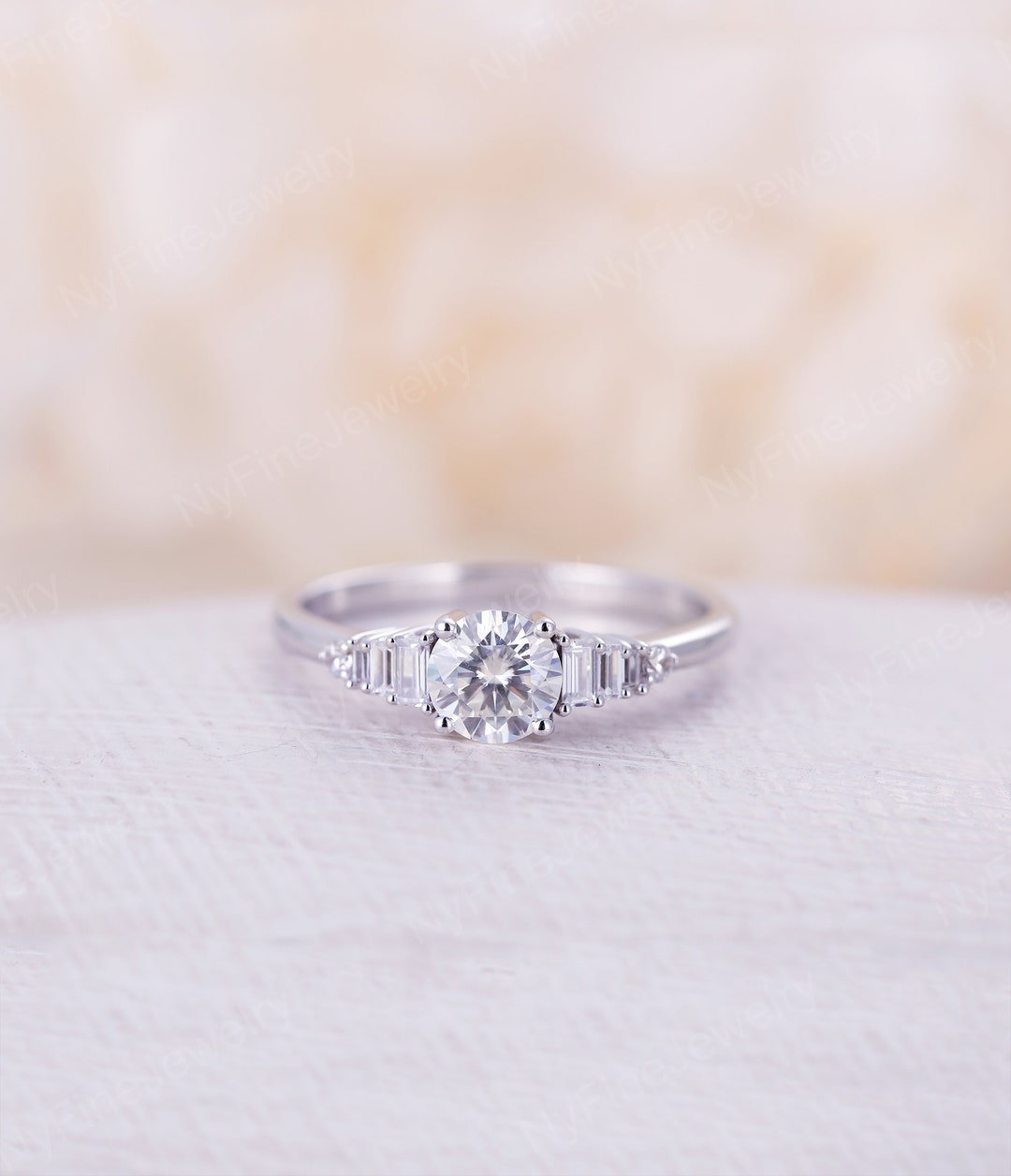 Moissanite Engagement Ring Vintage White Gold Round Cut - Etsy